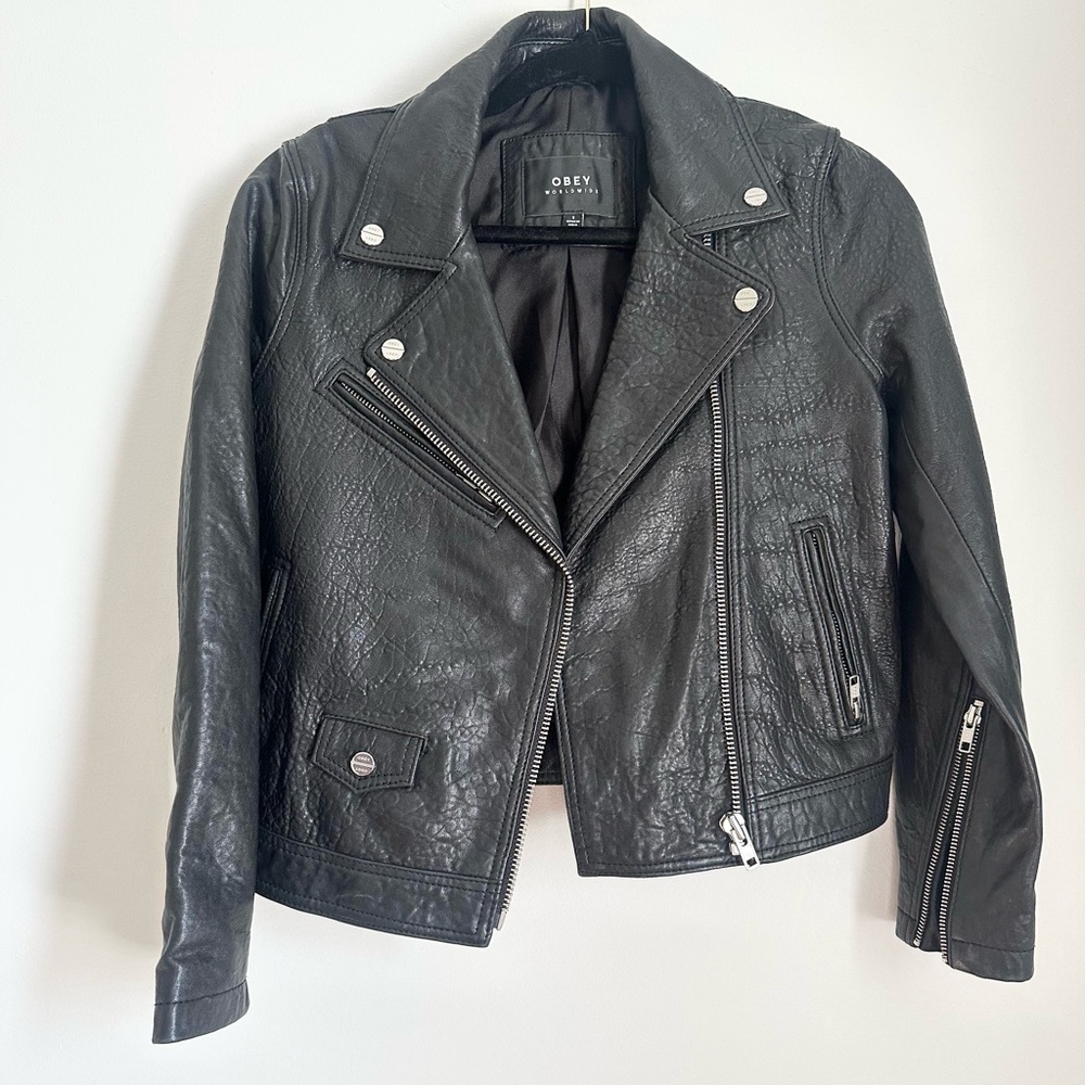 OBEY Worldwide leather coat grudge dark black emo size small women